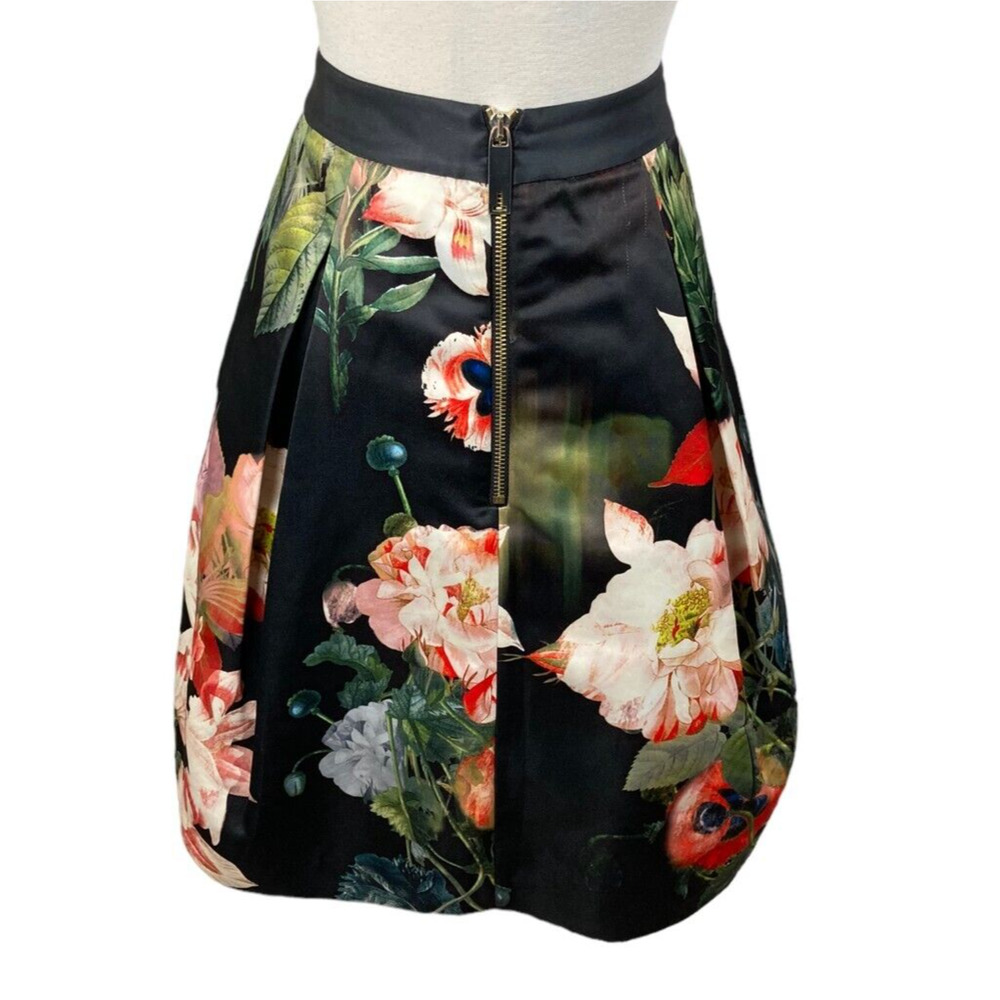 Ted Baker 1 US 4 Black Paladia Opulent Bloom Floral Lined Pleated Skirt /Pockets - Picture 3 of 4
